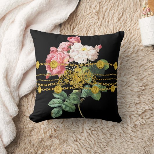 黒い金貨のライオンの紋章の鎖のばら色の花柄 クッション (ブランケット)