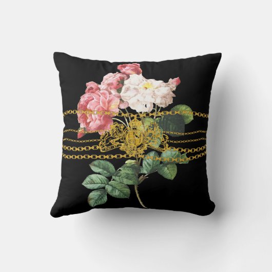 黒い金貨のライオンの紋章の鎖のばら色の花柄 クッション (裏面)