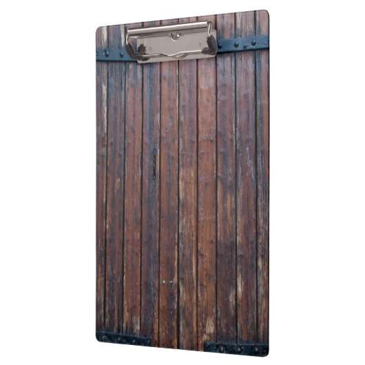 黒い鉄の支えのある古い茶色の木製のドア クリップボード (左)