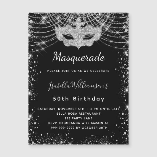 黒い銀の豪華な誕生日パーティーを仮装 マグネット招待状 (正面)