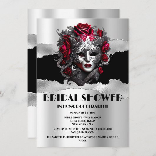 黒い銀の赤いローズマスカレードブライダルシャワー 招待状 (正面/裏面)