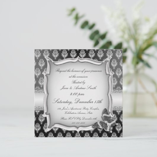 黒い銀色の蝶形エレガント宝石の招待 招待状 (スタンド正面)