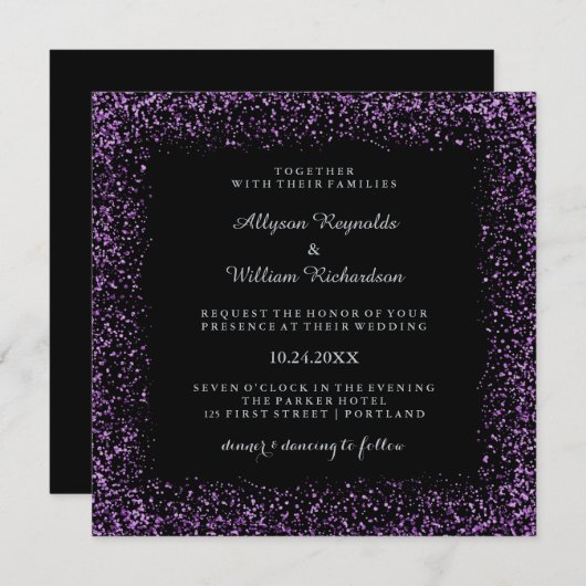 黒い銀製および紫色の紙吹雪の暗く魅力的な結婚式 招待状 (正面/裏面)
