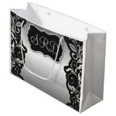 黒い銀製のサテンの華麗さ及び灰色は個人化なります ラージペーパーバッグ (正面アングル)