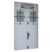 黒い錬鉄のバーが付いている白い木のドア クリップボード (右)