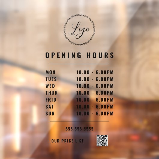 黒い開館時間ロゴQRコード透明 ウィンドウサイン (シート2)