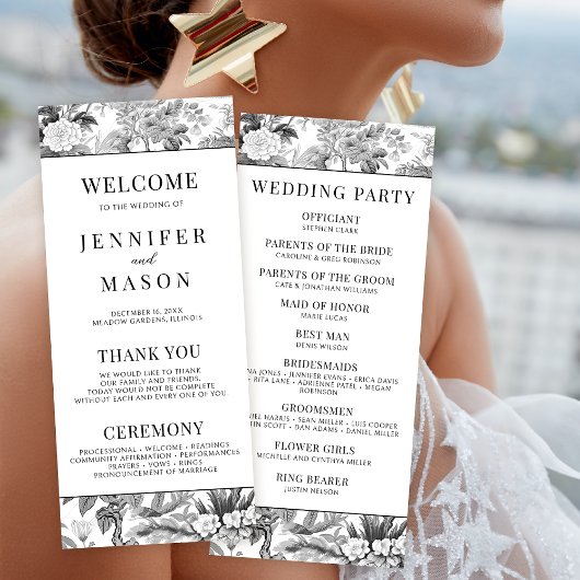 黒い陳腐なフローラ結婚式プログラムカード