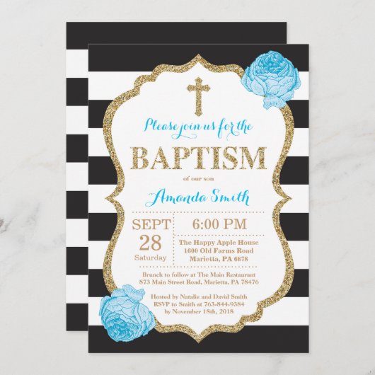 黒い青および金ゴールドのグリッターの洗礼の招待状 招待状 (正面/裏面)