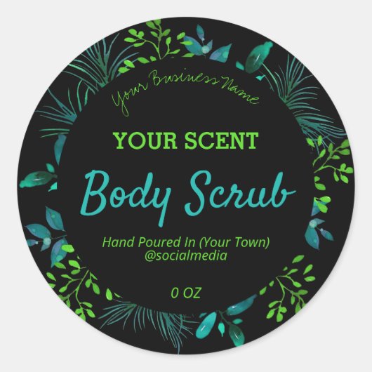 黒い青と緑のリーフ製品ラベル ラウンドシール (正面)