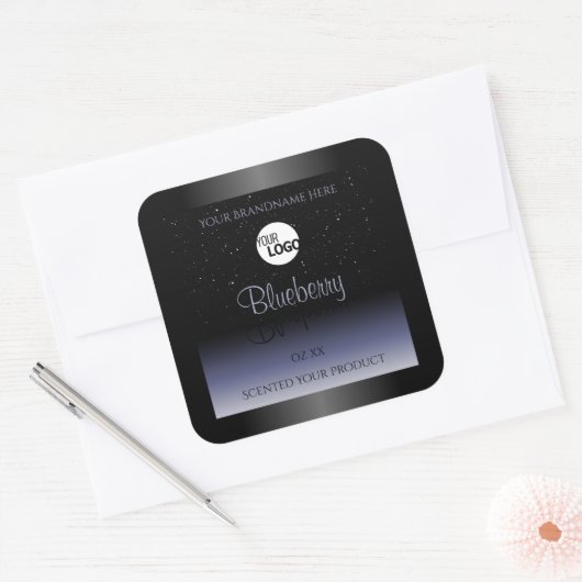 黒い青のグラデーション製品ラベルのグリッターロゴ スクエアシール (封筒)