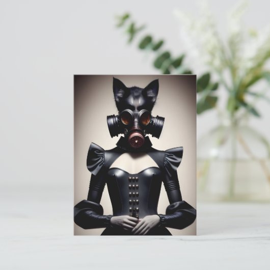 黒い革とガスマスクの女神はがき ポストカード (スタンド正面)