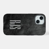 黒い革にモノグラム iPhone 15ケース (裏面横)