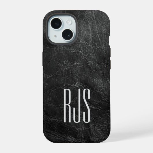 黒い革にモノグラム iPhone 15ケース (裏面)