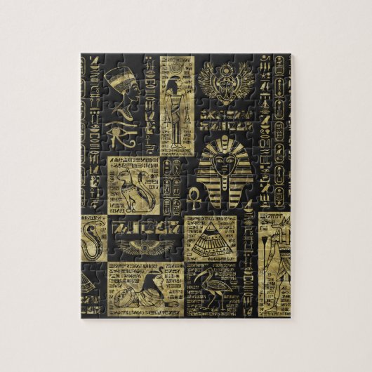 黒い革のエジプトのヒエログリフそして記号 ジグソーパズル (縦)