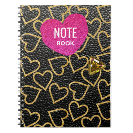 黒い革の偽スタイルと金ゴールドハート、 ノートブック