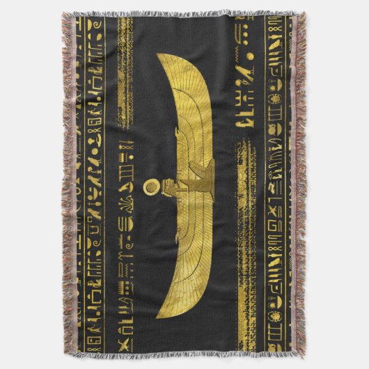 黒い革の金エジプトの神のオーナメント スローブランケット (正面縦)