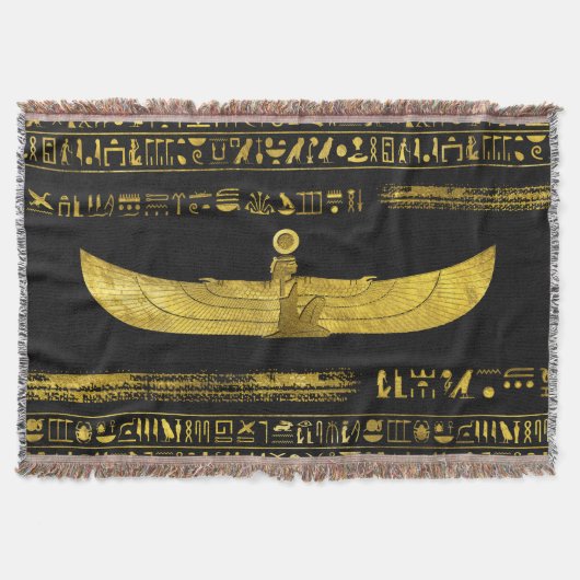 黒い革の金エジプトの神のオーナメント スローブランケット (正面)