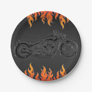 黒い革オレンジの炎のオートバイのバイクもしくは自転車に乗る人のパーティー ペーパープレート