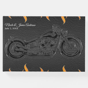 黒い革及びオレンジの炎のオートバイの結婚式 ゲストブック