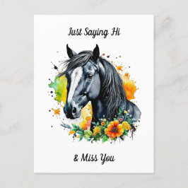 黒い馬が黄色い花に囲まれて　こんにちは ポストカード