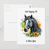 黒い馬が黄色い花に囲まれて こんにちは ポストカード (正面/裏面)