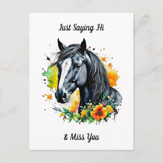 黒い馬が黄色い花に囲まれて こんにちは ポストカード (正面)
