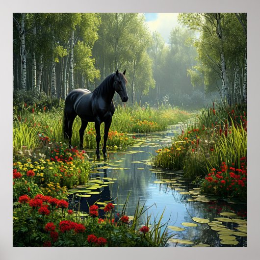 🐎 黒い馬の森の壁アート 自然の装飾 🌿 ポスター (正面)