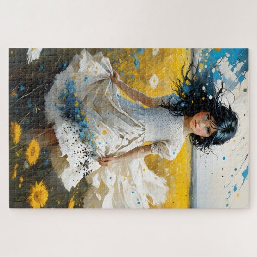 黒い髪と青い目の小さな女の子は ジグソーパズル (横)