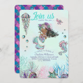 黒い髪と黒い肌の可愛いグリッターマーメイド 招待状 (正面/裏面)