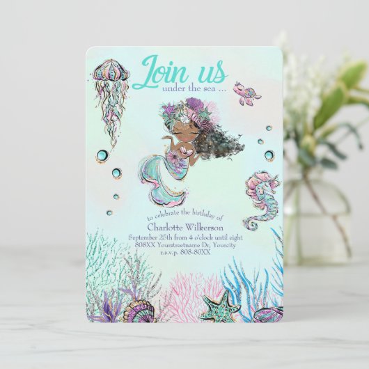 黒い髪と黒い肌の可愛いグリッターマーメイド 招待状 (スタンド正面)