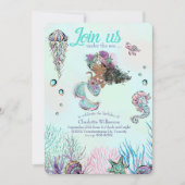 黒い髪と黒い肌の可愛いグリッターマーメイド 招待状 (正面)