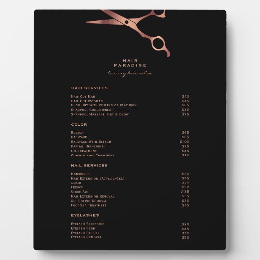 黒い髪のサロン銅価格リストメニュー表示 フォトプラーク (正面)