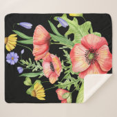 「黒い鮮やかキャンバスに水彩の野草 シェルパブランケット (正面(横))