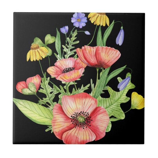 「黒い鮮やかキャンバスに水彩の野草 タイル (正面)