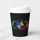黒い鮮やか上に虹色の蝶を持つ無限大 紙コップ (裏面)
