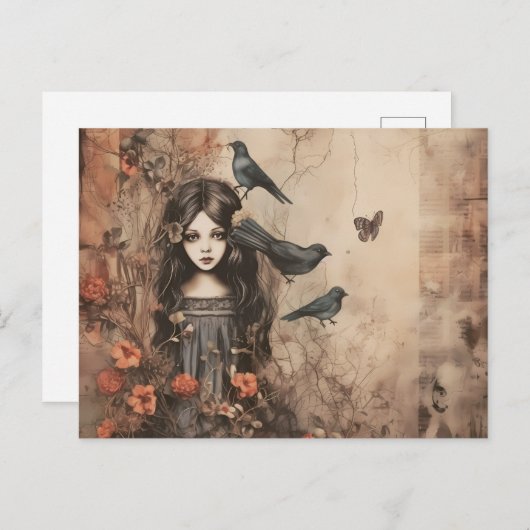 黒い鳥と花のハロウィンを持つ不気味な少女 シーズンポストカード (正面/裏面)