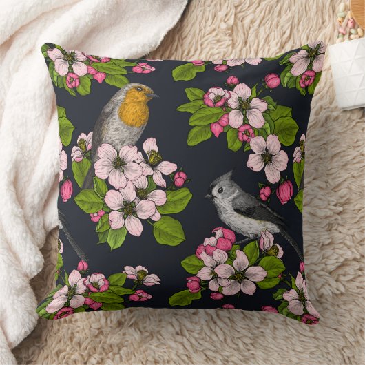 黒い鳥と花 クッション (ブランケット)