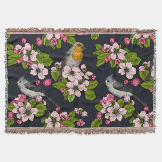 黒い鳥と花 スローブランケット (正面)