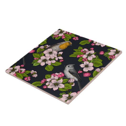 黒い鳥と花 タイル (側面)