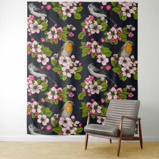 黒い鳥と花 タペストリー (インサイチュ)