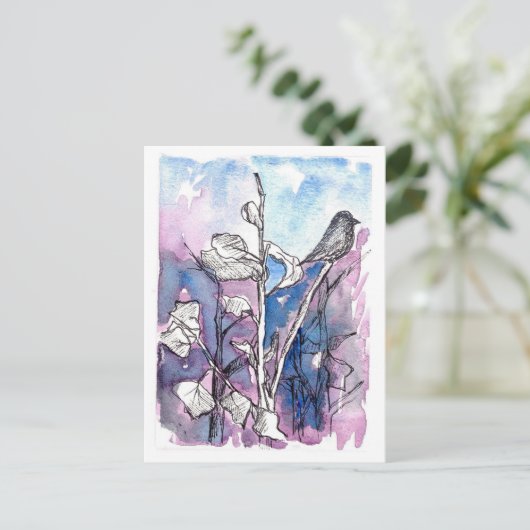 黒い鳥の木の葉スケッチ冬の水の色 ポストカード (スタンド正面)