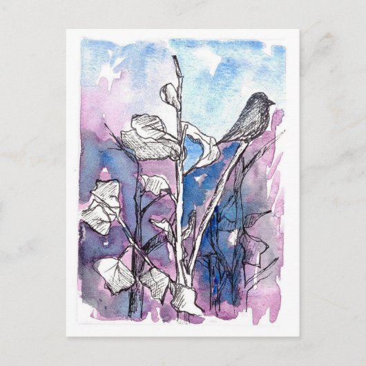 黒い鳥の木の葉スケッチ冬の水の色 ポストカード (正面)