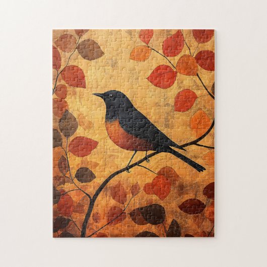 黒い鳥の秋の葉の芸術作品 ジグソーパズル (縦)