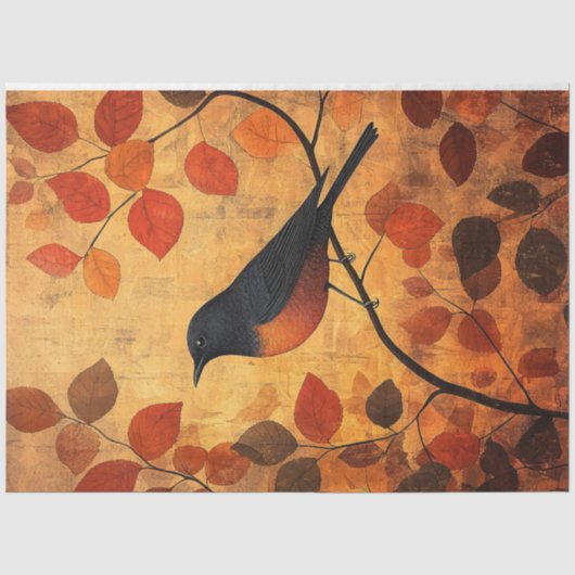 黒い鳥の秋の葉の芸術的デコパージュ 薄葉紙 (正面)