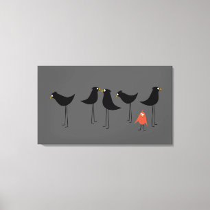 黒い鳥の訪問者、灰色の背景 キャンバスプリント
