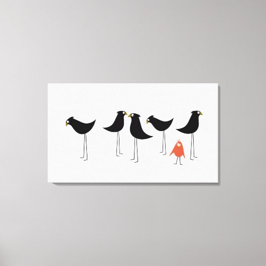 黒い鳥の訪問者、白い背景 キャンバスプリント (正面)