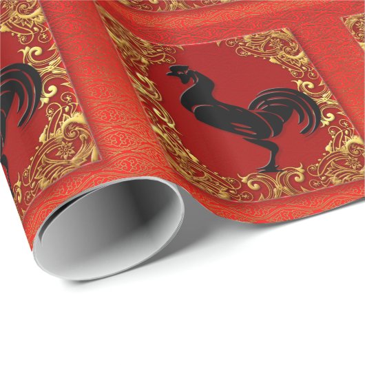 黒い鶏の中国の〔占星術の〕十二宮図動物の赤と金ゴールド ラッピングペーパー (ロールコーナー)