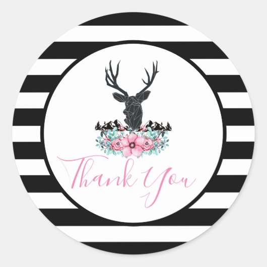 黒い鹿の頭とピンクの花と山感謝してい付 ラウンドシール (正面)