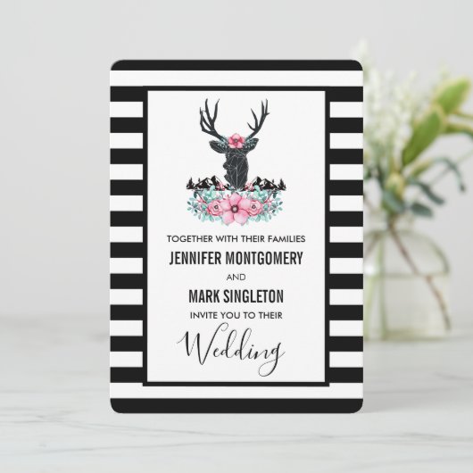 黒い鹿の頭と花模様と山結婚の 招待状 (スタンド正面)