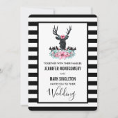 黒い鹿の頭と花模様と山結婚の 招待状 (正面)